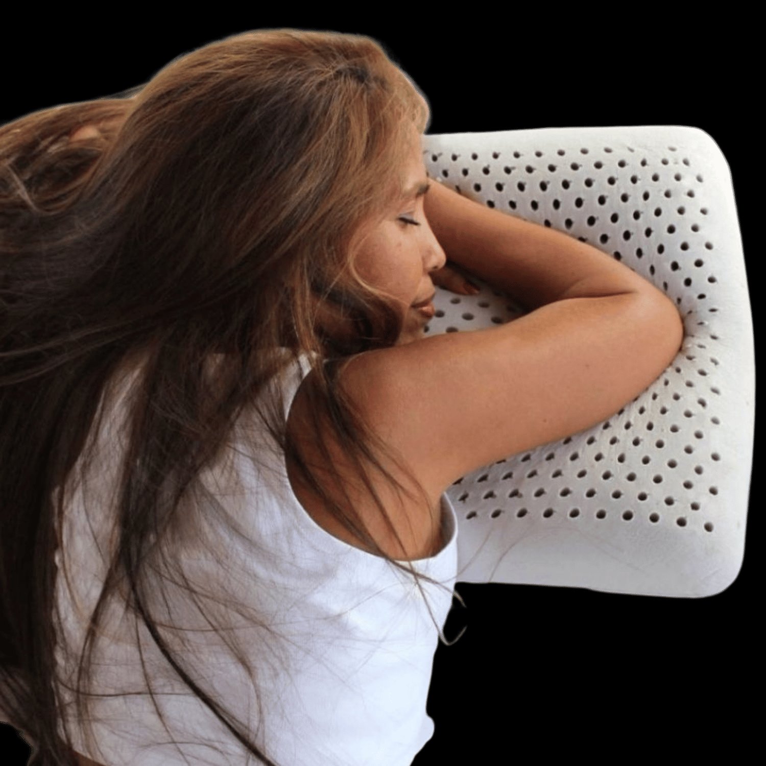 Customer resting on a ventilated natural latex pillow made by the brand 4PL International helped expand into 12 international markets